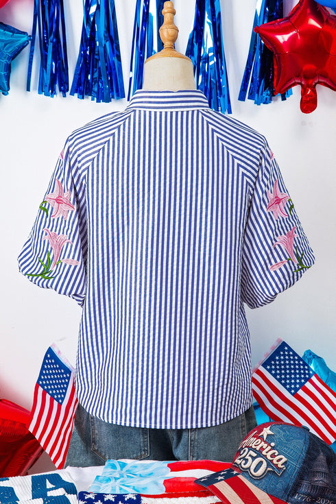 Stripe Lily Floral Embroidered Puff Sleeve Button Down Shirt