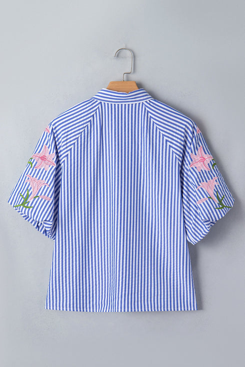 Stripe Lily Floral Embroidered Puff Sleeve Button Down Shirt