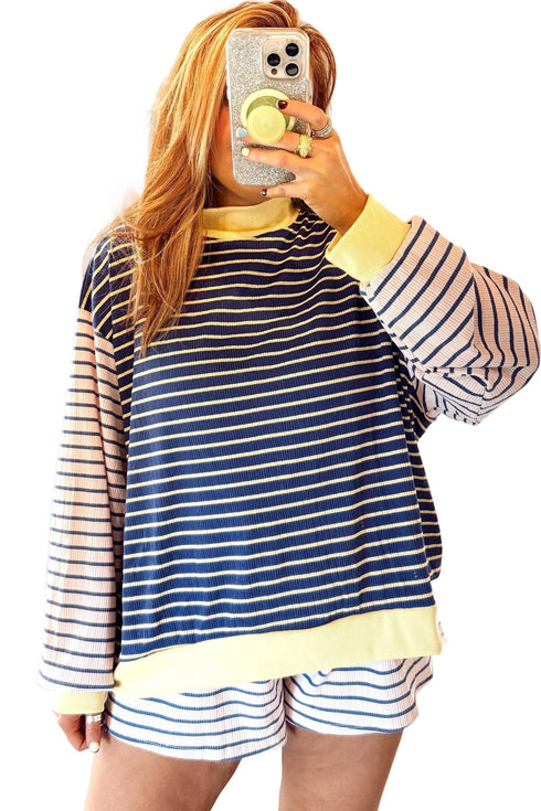 Stripe Long Sleeve Pullover Ribbed Knit Casual Short Set
