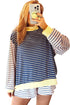 Stripe Long Sleeve Pullover Ribbed Knit Casual Short Set