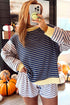 Stripe Long Sleeve Pullover Ribbed Knit Casual Short Set