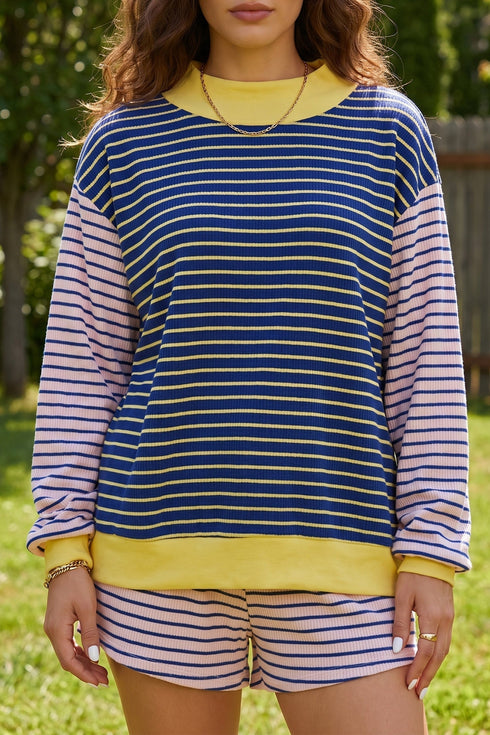 Stripe Long Sleeve Pullover Ribbed Knit Casual Short Set