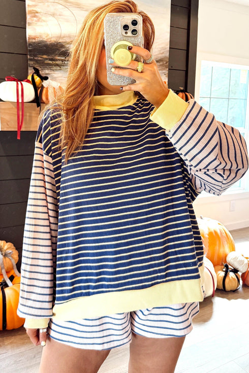 Stripe Long Sleeve Pullover Ribbed Knit Casual Short Set