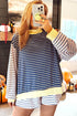 Stripe Long Sleeve Pullover Ribbed Knit Casual Short Set