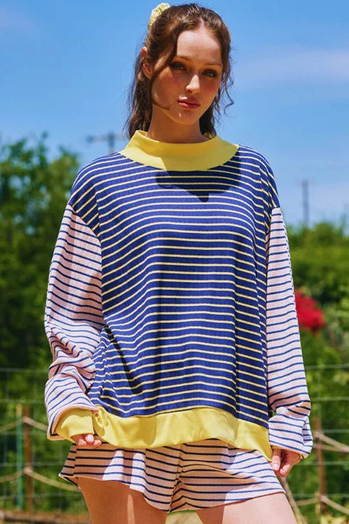 Stripe Long Sleeve Pullover Ribbed Knit Casual Short Set