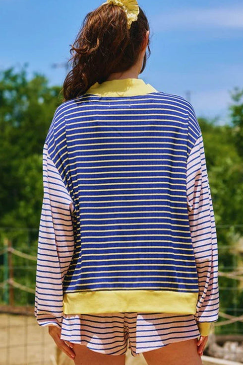 Stripe Long Sleeve Pullover Ribbed Knit Casual Short Set