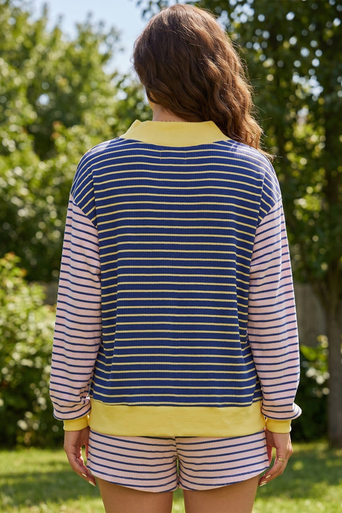 Stripe Long Sleeve Pullover Ribbed Knit Casual Short Set