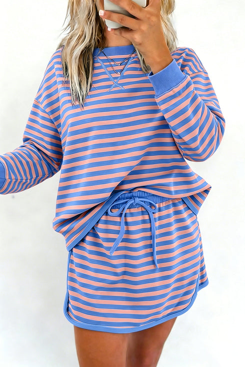 Stripe Long Sleeve Relaxed Pullover Drawstring Mini Skort 2Pcs Dress Set