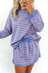 Stripe Long Sleeve Relaxed Pullover Drawstring Mini Skort 2Pcs Dress Set