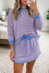 Stripe Long Sleeve Relaxed Pullover Drawstring Mini Skort 2Pcs Dress Set