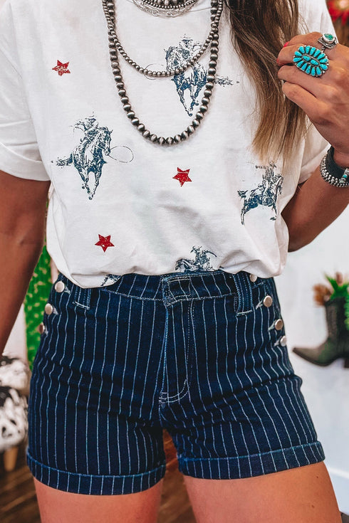 Stripe Metal Button Detail Womens Denim Shorts