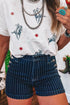 Stripe Metal Button Detail Womens Denim Shorts