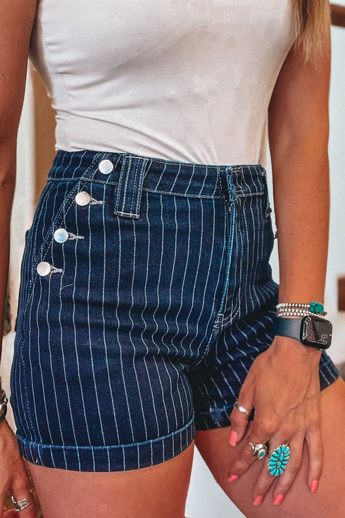 Stripe Metal Button Detail Womens Denim Shorts