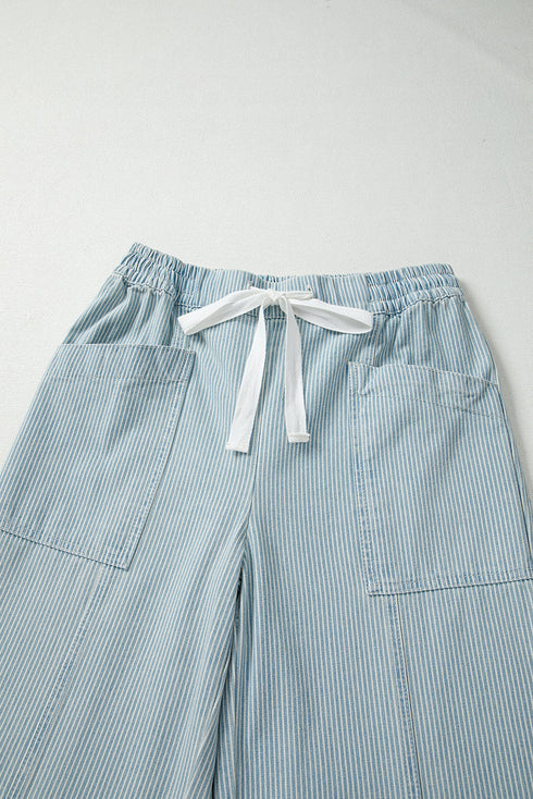 Stripe Mid Rise Drawstring Wide Leg Denim Jeans