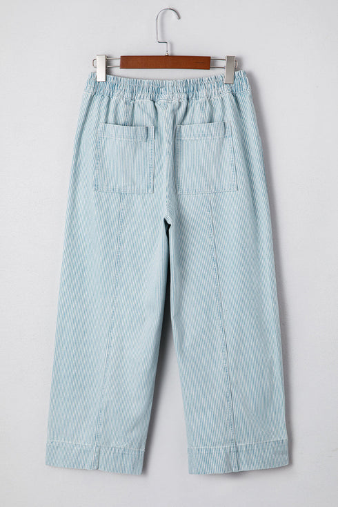 Stripe Mid Rise Drawstring Wide Leg Denim Jeans