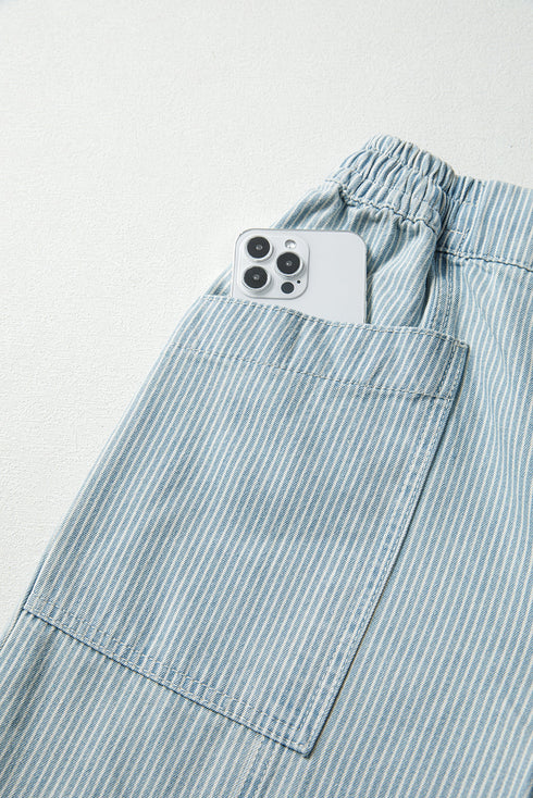 Stripe Mid Rise Drawstring Wide Leg Denim Jeans