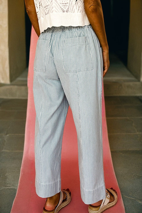 Stripe Mid Rise Drawstring Wide Leg Denim Jeans