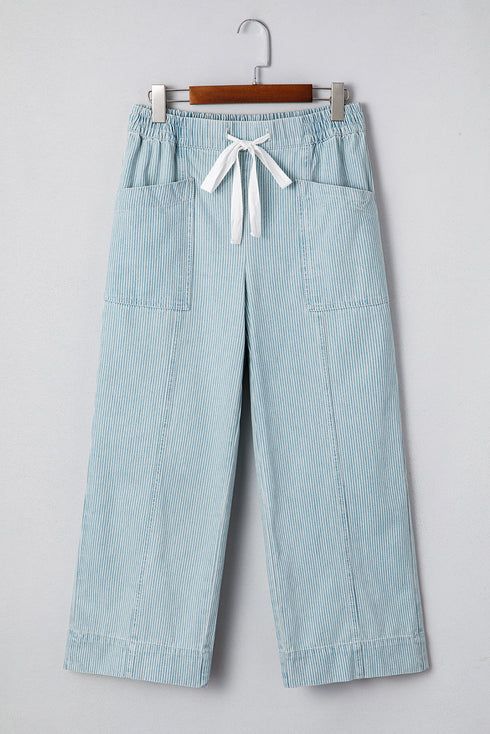 Stripe Mid Rise Drawstring Wide Leg Denim Jeans