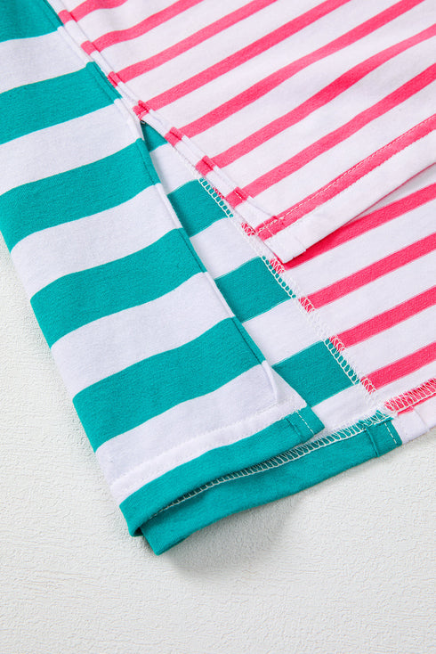 Stripe Mixed Pattern Patchwork Asymmetrical Hem Loose Tee