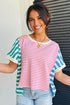 Stripe Mixed Pattern Patchwork Asymmetrical Hem Loose Tee