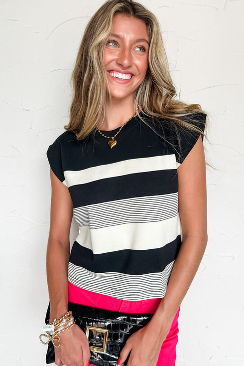 Stripe Mixed Print Crew Neck Cap Sleeve T Shirt
