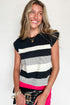 Stripe Mixed Print Crew Neck Cap Sleeve T Shirt