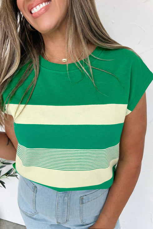Stripe Mixed Print Crew Neck Cap Sleeve T Shirt