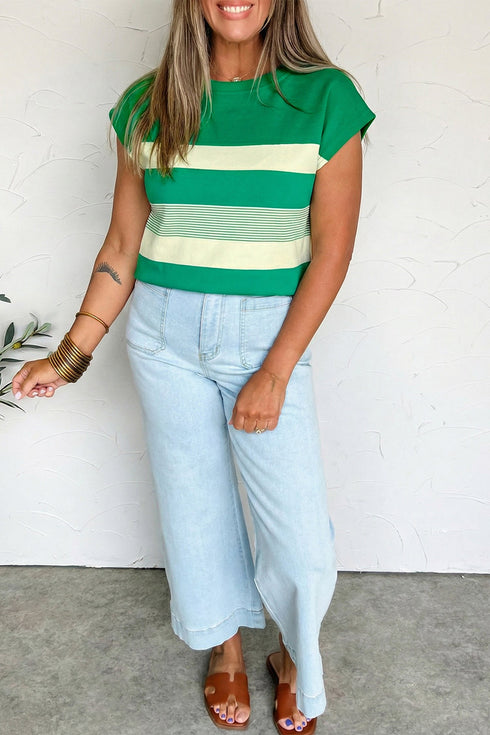 Stripe Mixed Print Crew Neck Cap Sleeve T Shirt