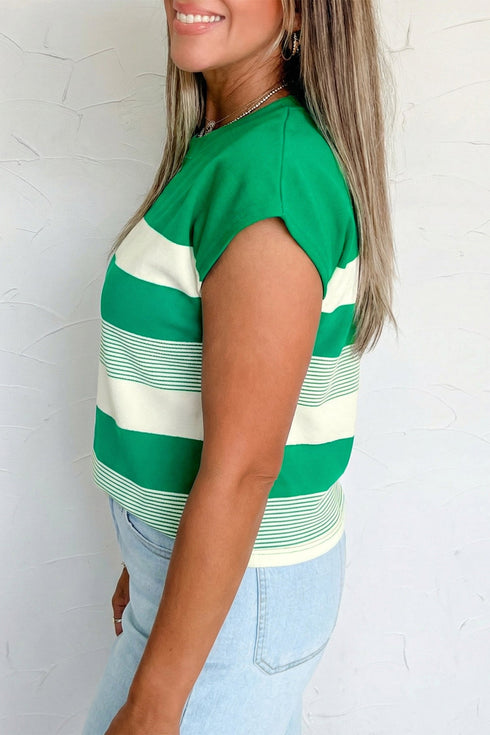 Stripe Mixed Print Crew Neck Cap Sleeve T Shirt