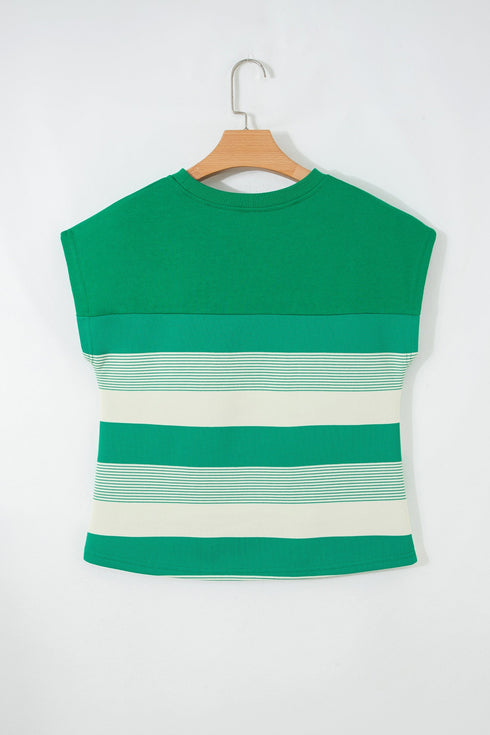 Stripe Mixed Print Crew Neck Cap Sleeve T Shirt