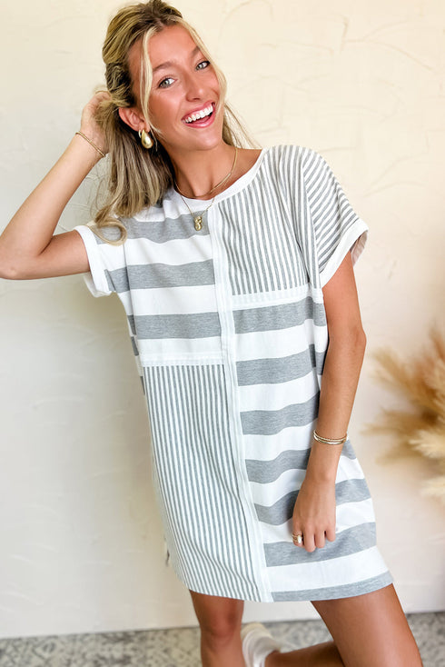 Stripe Mixed Printed Short Sleeve Shift Mini T Shirt Dress