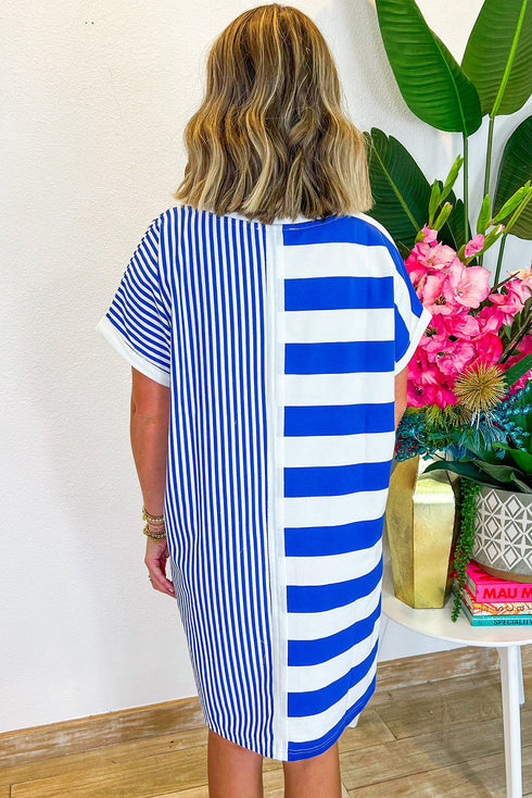 Stripe Mixed Printed Short Sleeve Shift Mini T Shirt Dress