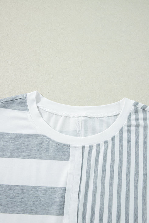 Stripe Mixed Printed Short Sleeve Shift Mini T Shirt Dress