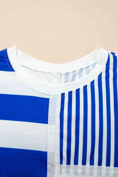 Stripe Mixed Printed Short Sleeve Shift Mini T Shirt Dress