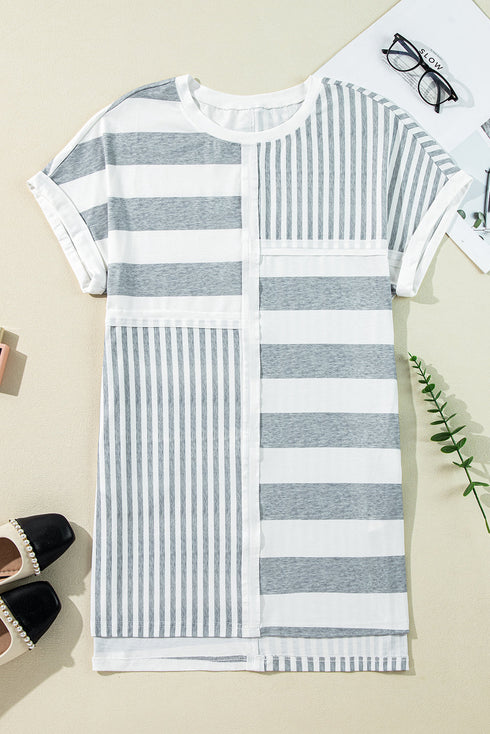 Stripe Mixed Printed Short Sleeve Shift Mini T Shirt Dress