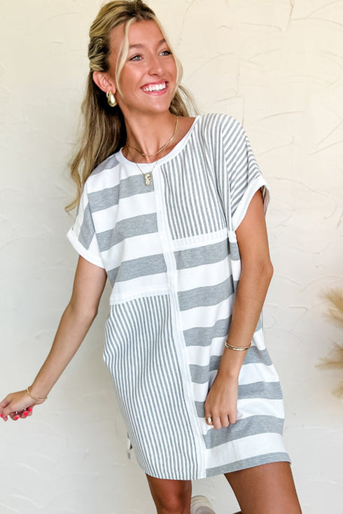 Stripe Mixed Printed Short Sleeve Shift Mini T Shirt Dress