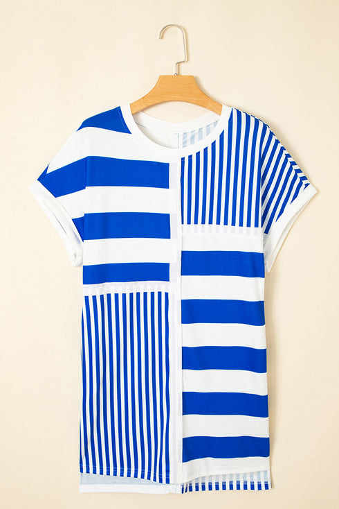 Stripe Mixed Printed Short Sleeve Shift Mini T Shirt Dress