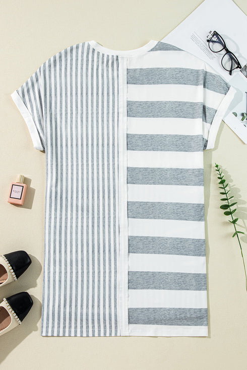Stripe Mixed Printed Short Sleeve Shift Mini T Shirt Dress