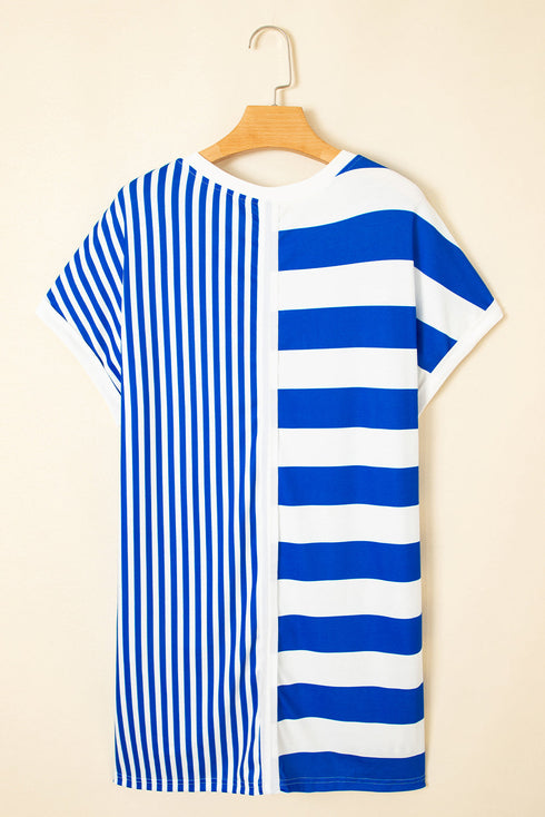 Stripe Mixed Printed Short Sleeve Shift Mini T Shirt Dress