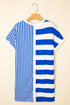 Stripe Mixed Printed Short Sleeve Shift Mini T Shirt Dress