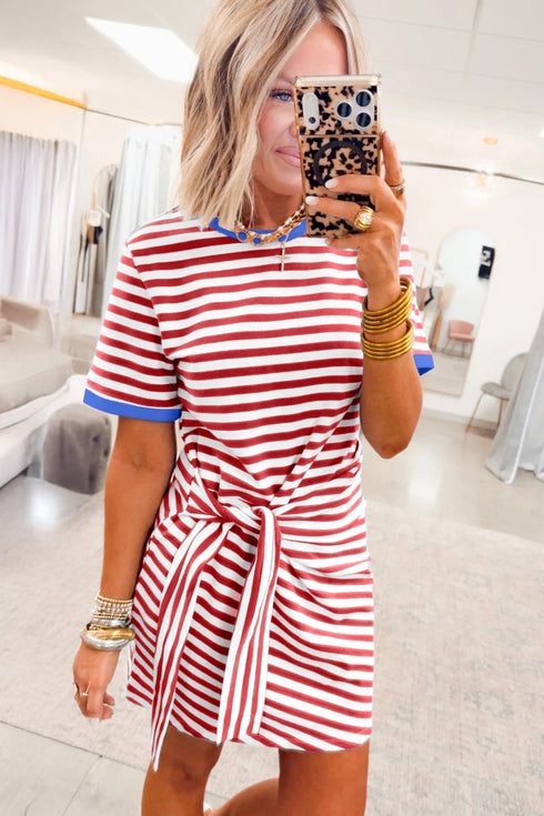 Stripe Nautical Tie Contrast Trim T Shirt Mini Dress