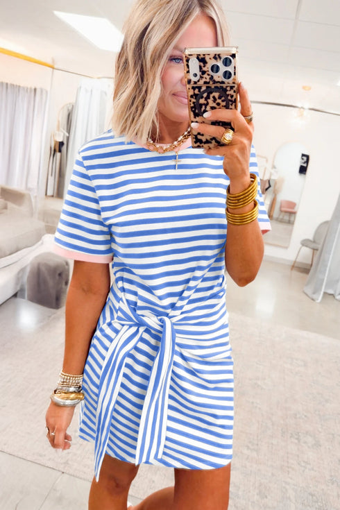 Stripe Nautical Tie Contrast Trim T Shirt Mini Dress