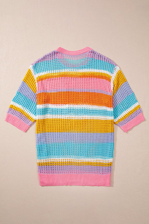 Stripe Open Knit Patch Pocket Short Sleeve Plus Size Sweater
