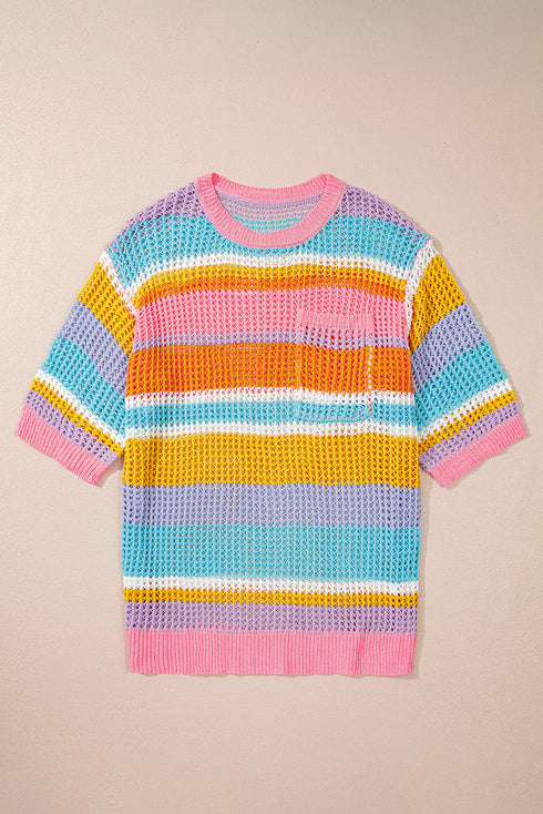 Stripe Open Knit Patch Pocket Short Sleeve Plus Size Sweater