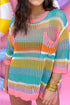 Stripe Open Knit Patch Pocket Short Sleeve Plus Size Sweater