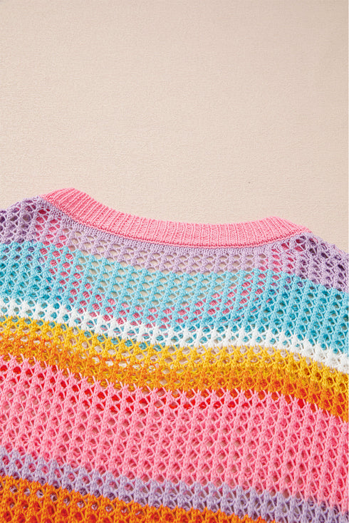 Stripe Open Knit Patch Pocket Short Sleeve Plus Size Sweater