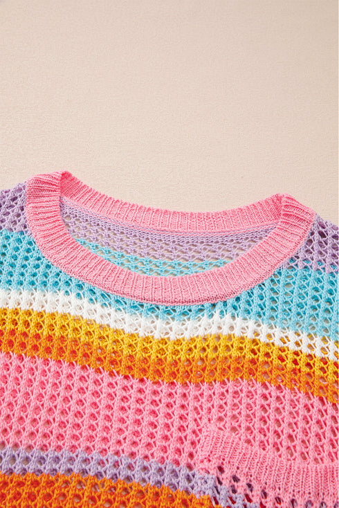 Stripe Open Knit Patch Pocket Short Sleeve Plus Size Sweater