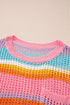 Stripe Open Knit Patch Pocket Short Sleeve Plus Size Sweater