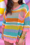 Stripe Open Knit Patch Pocket Short Sleeve Plus Size Sweater