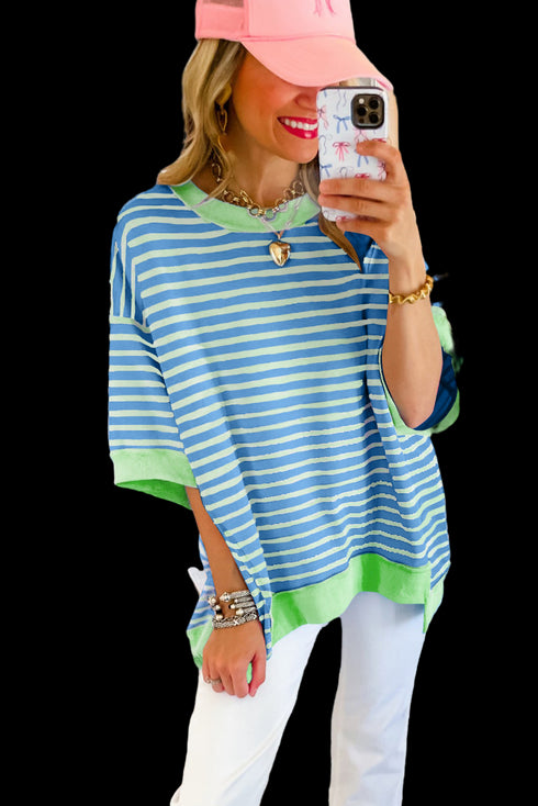 Stripe Oversized Contrast Trim Exposed Seam High Low T Shirt